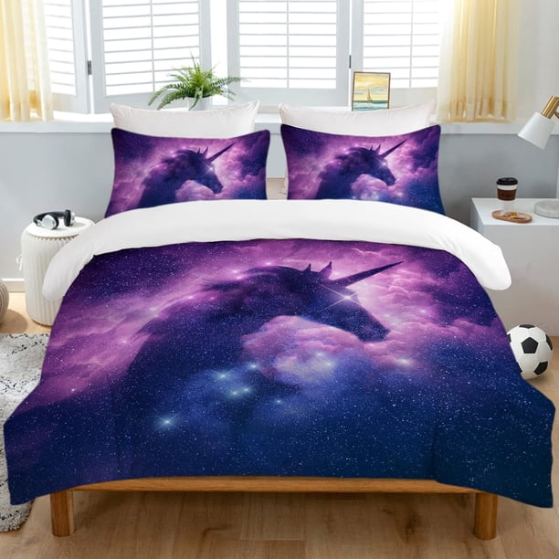 Purple Unicorn Full Bedding Set for Kids Boys Girls Glitter Galaxy Unicorn Duvet Cover 3 Piece Space Unicorn Comforter Cover