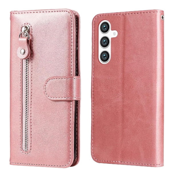 Funda tipo cartera para Samsung Galaxy S23 FE con bolsillo con cremallera y ranuras para tarjetas – Función de soporte Rosa