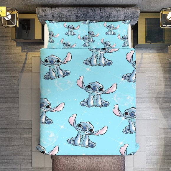 3 Pieces Cartoon Stitch Bedding Comforter Set Full with 2 Pillowcases for Kids Teens Girls Women Microfiber Easy Wash Light Breathable Cozy White Base Bed Sheets