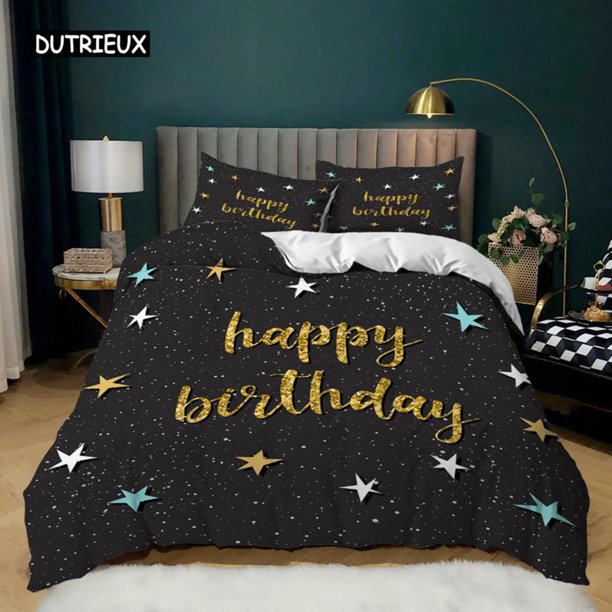 x1450 Bed SheetsHappy Birthday Duvet Cover Set Microfiber Happy Birthday To You Holiday Theme Bedding Set Soft Size Quilt Cover 3-Piece Bedding Set (1 Duvet Cover + 2 Pillow Shams) nj1450
