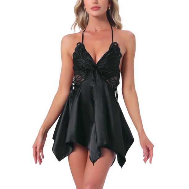 INSPIRE CHIC Lencería Femenina de Satén Sexy Babydoll Halter Espalda Abierta Dobladillo Asimétrico Teddy Escote en V Transparente con Sujetador Incorporado Cami M Negro