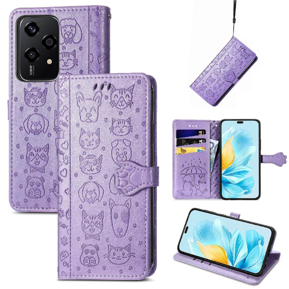 Funda Cartera Foxdock Para Honor 200 Lite , Flip Pu Con Relieve De Gatos Y Perros, Tarjetero Y Soporte