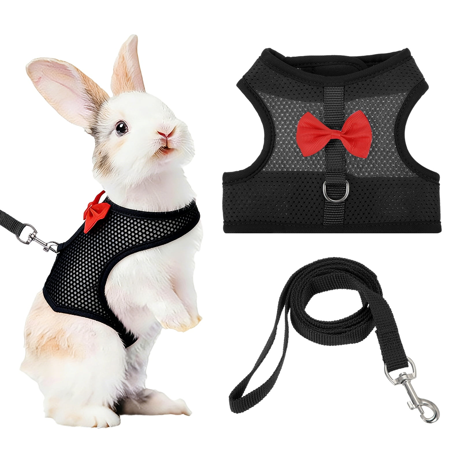 Arnés y Correa para Conejo Uxcell, Arnés de Chaleco Lindo para Mascotas Pequeñas, Correa Ajustable Suave con Hebilla de Malla Transpirable (L, Negro) para Conejito, Gatito, Cerdito Pequeño, Cachorros
