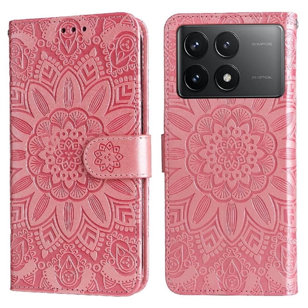 Funda tipo cartera FOXDOCK para Xiaomi Poco F6 Pro , diseño girasol en relieve, cuero PU, cierre magnético, soporte y tarjetero