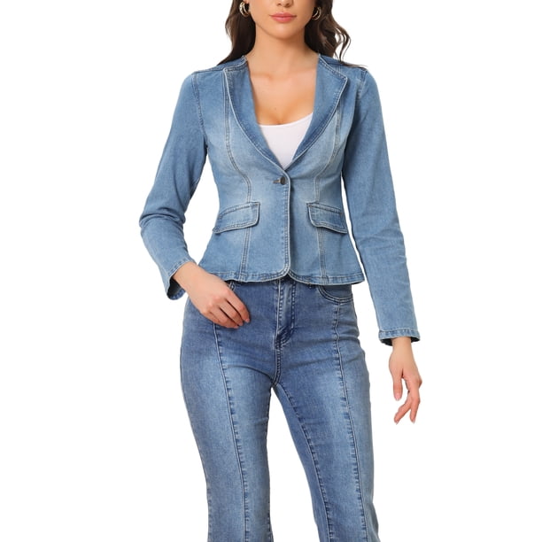 INSPIRE CHIC Chaqueta de Jean Elástica para Mujer de Regreso a Clases con Cuello de Solapa Un Botón Manga Larga Chaquetas de Mezclilla de Trabajo L Azul Claro