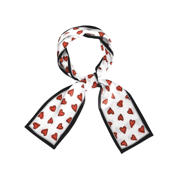 INSPIRE CHIC Bufandas Delgadas de Seda con Estampado de Corazones Cinta Larga para el Cabello Envoltura de Bolso Blanco 96x10cm/38x4"