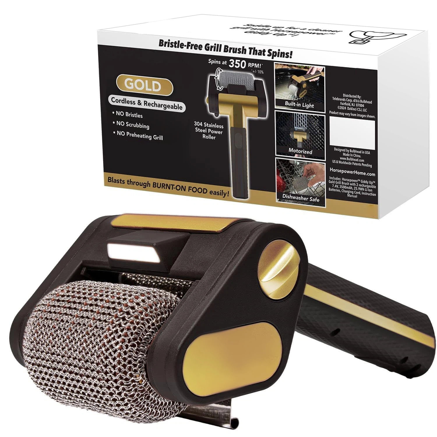 Xusx111 - Parrilla Eléctrica Limpiador Cerdillo Libre - Cepillo De Parrilla De Barbacoa Recargable Sin Cable Con Rodillo Inoxidable De 350 Rpm, Luz Led, Lavavajillas Seguras Para Parrillas De Gas / Ca