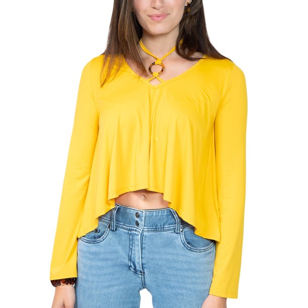 Jess por Meiko Top Corto con Cuello en V con Recortes, Halter, Manga Larga y Dobladillo Irregular para Mujer Amarillo Talla S