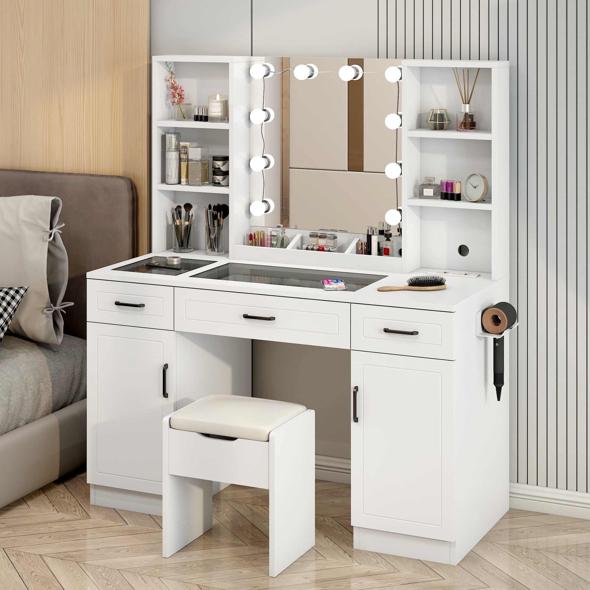 Homer Design - Tocador Espejo Hollywood Taburete Enchufe Repisa Con Vidrio Color Europeo
