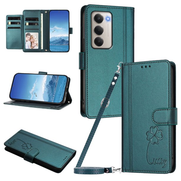 Funda Cartera Trébol para Xiaomi Redmi 15 4G/5G con Ranuras Tarjetas y Carga Inalámbrica Verde oscuro