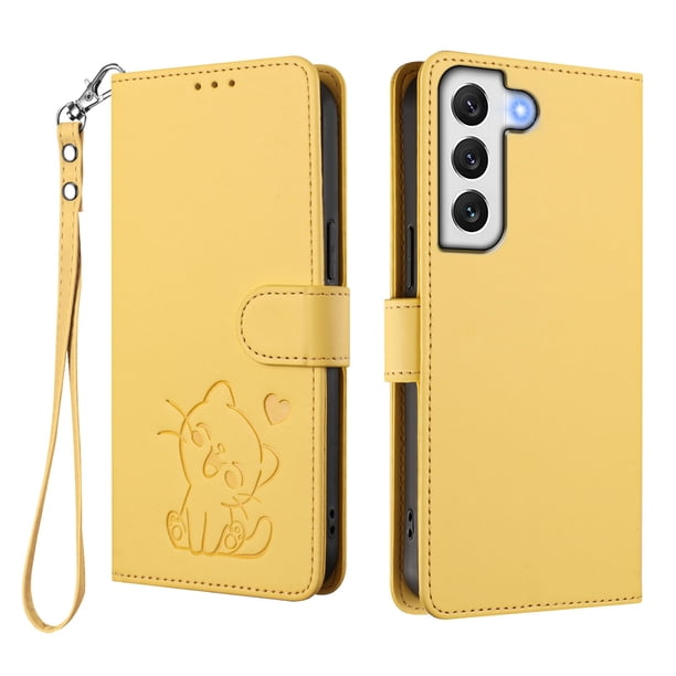 Funda Billetera con Relieve de Gato para Samsung Galaxy S22 5G, Amarillo
