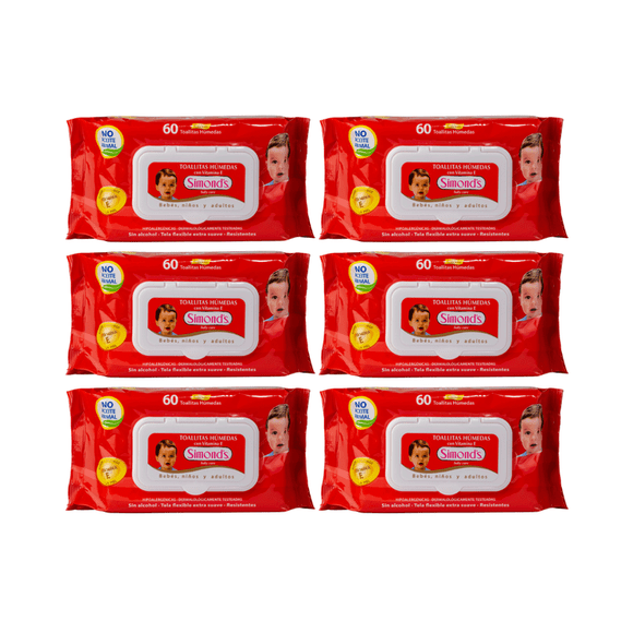 Pack 6 Toallitas Húmedas Simonds Baby Care 60un , Hipoalergénicas