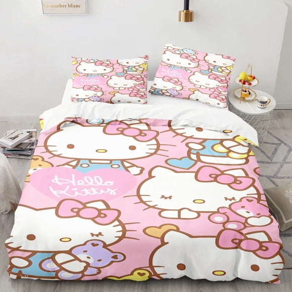 Teenage cartoon anime bedding set Sanrio soft 100% polyester bed bedroom set Kitty Cat 3D digital king size printing Bed Sheets