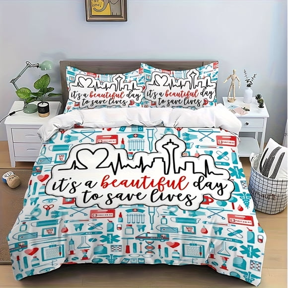3pcs bedding Featuring a Humorous Cartoon Design from TV Show G-Grey'S Anatomy (Includes 1 Duvet Cover And 2 Pillowcases Pillow Inserts Not Included)