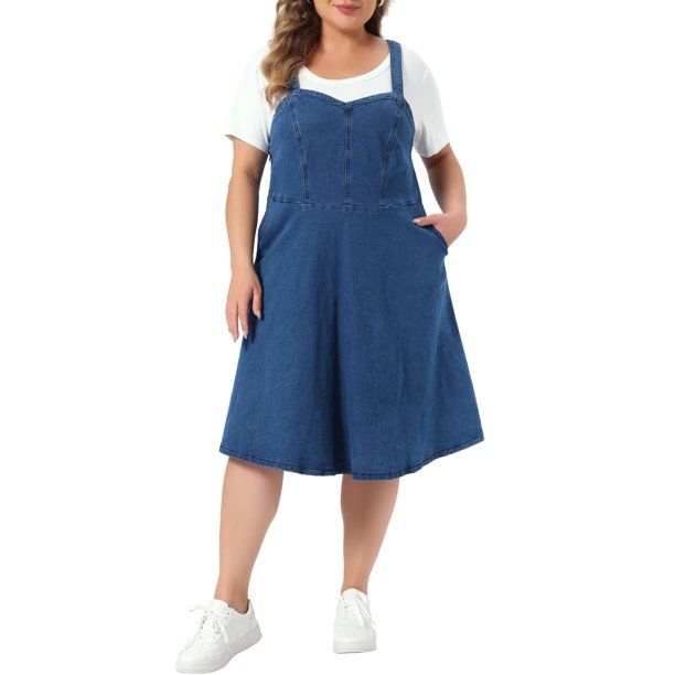 Agnes Orinda Vestido de Mezclilla para Mujer Talla Grande con Tirantes Ajustables Vestido Línea A con Bolsillos 2X Azul Medio