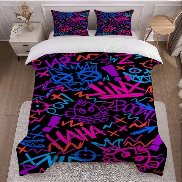 3pcs Fluorescent Graffiti Themed Bedding Set Duvet Cover and Pillowcase Set