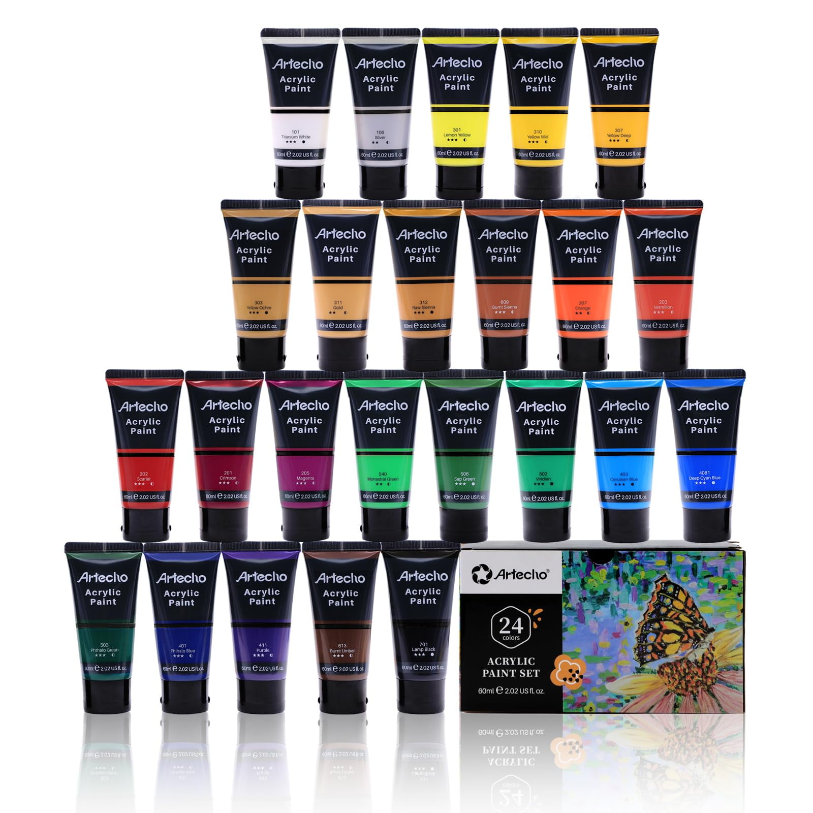Set De Pintura Acrílica Artecho Professional, 24 Colores, Tubos De 60 Ml