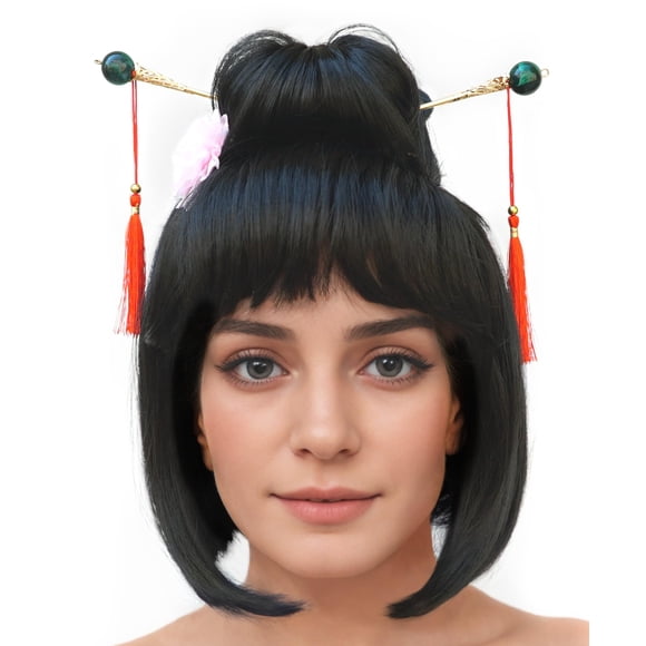 Peluca Witty Emporium Geisha Bob Corto Negro con Accesorios