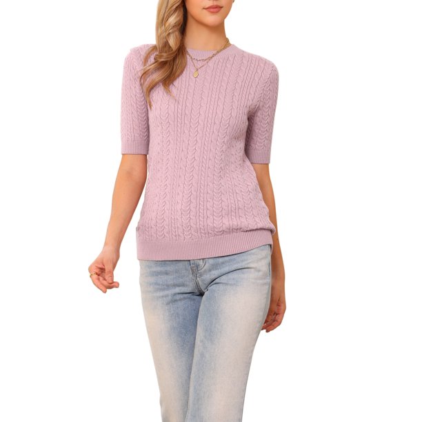 INSPIRE CHIC Suéter de Manga Corta para Mujer Cuello Redondo Otoño Invierno Tejido Casual Suéteres Top XL Púrpura Claro