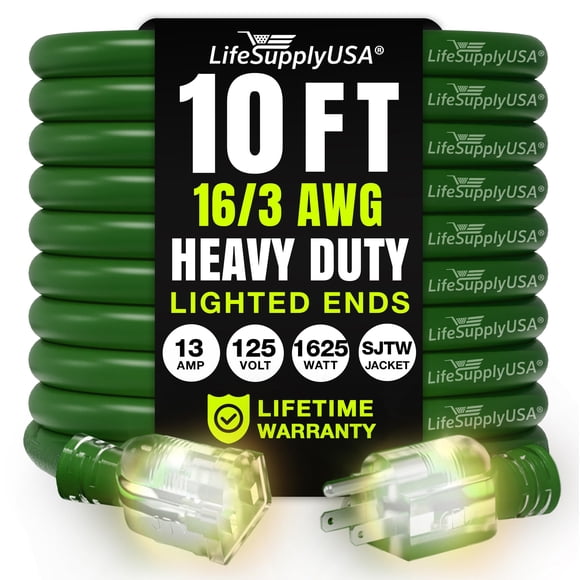 Cable de extensión LifeSupplyUSA, 10 pies, calibre 16/3, 125 V, 1625 W, verde