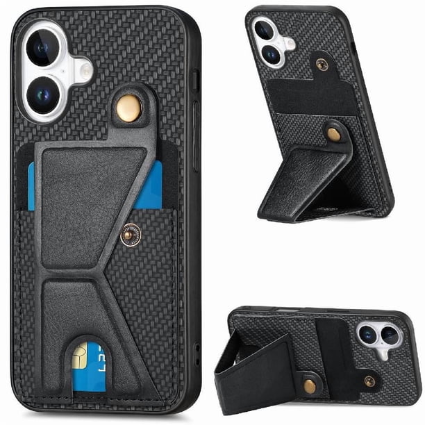 Funda Resistente para iPhone 16 con Tarjetero y Soporte, Diseño Magnético Negro
