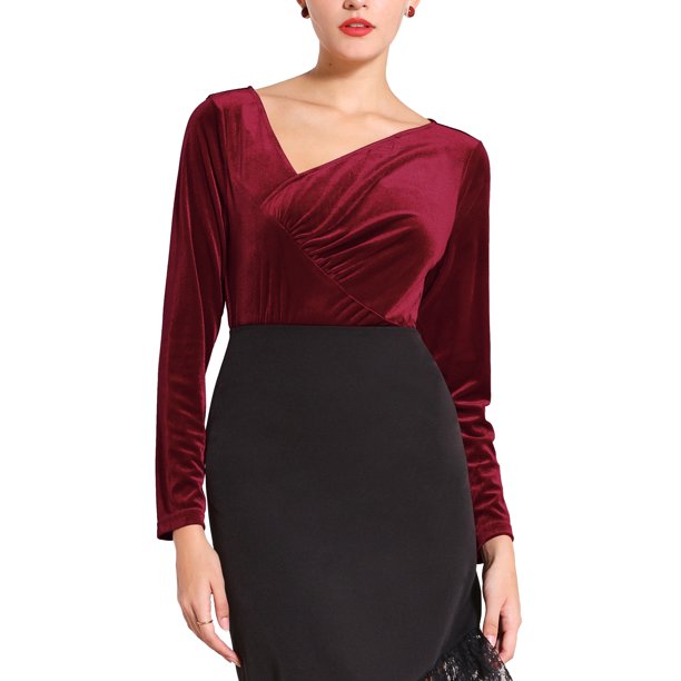 Blusa de Terciopelo con Cuello Asimétrico y Fruncido de Manga Larga Ajustada para Fiesta de INSPIRE CHIC para Mujer M Rojo Vino