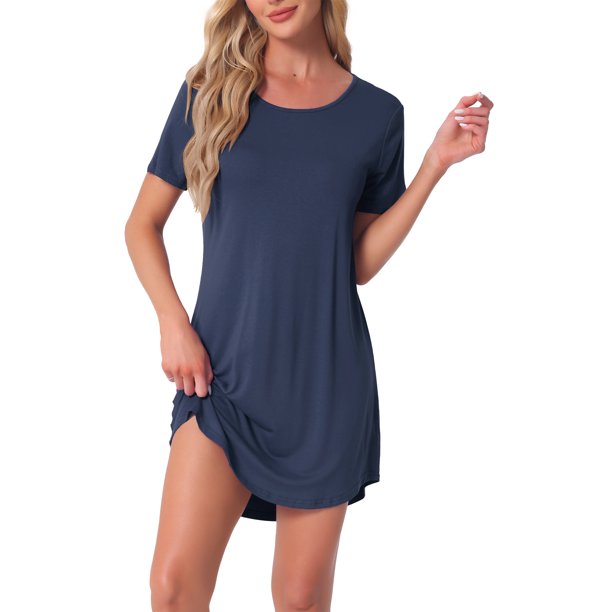 INSPIRE CHIC Camisón a Rayas Coloridas para Mujer Regreso a Clases Camiseta de Manga Corta Cuello Redondo Vestido Ligero Casual para Dormir M Azul Marino