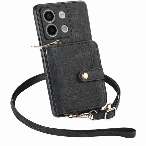 Funda Tipo Cartera con Correa Cruzada para Xiaomi Redmi Note 13 Pro 5G Protección Contra Golpes Negro
