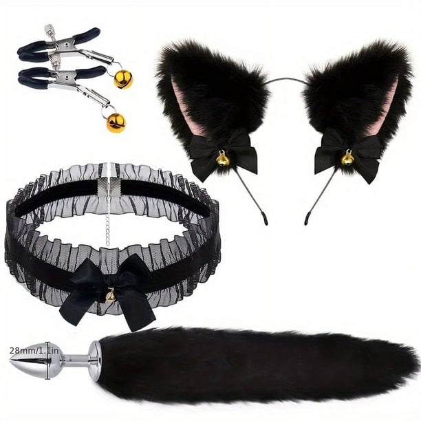 4pcs BDSM Plush Cat Ears Headband & Nipple Clips Set For Couples Stimulation & Cosplay Fun, Perfect For Cosplay, Christmas & Valentine's Day