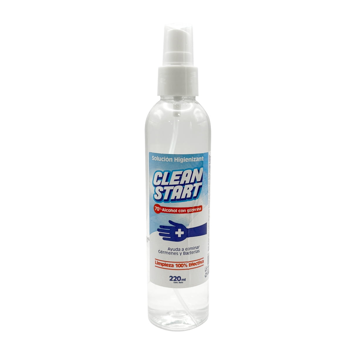 Clean Start - Desinfectante Spray Alcohol Glicerina 70% 220ml Botella Neutra
