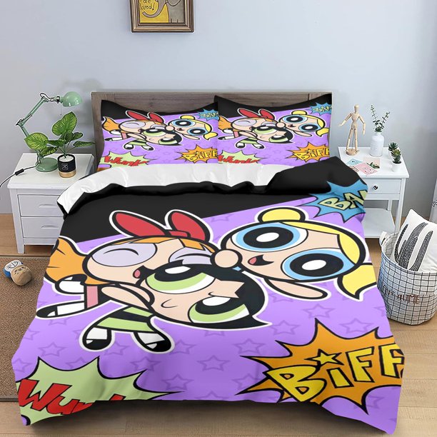 x456 Bed SheetsThe Powerpuff Girls Quilt Cover Cartoon Cute Girl Printed Children Soft Customizable Bedding Custom Made Home Bedroom 3-Piece Bedding Set (1 Duvet Cover + 2 Pillow Shams) nj456