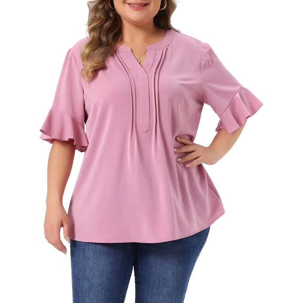Agnes Orinda Blusa de Chifón Casual de Manga Corta con Volantes y Cuello en V para Mujer de Talla Grande 4X Rosa