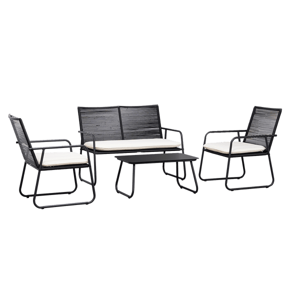 Juego de Terraza Ruko Relan Living Exterior Mesa Sillas Sofá Ratán y Acero Color Negro y Beige