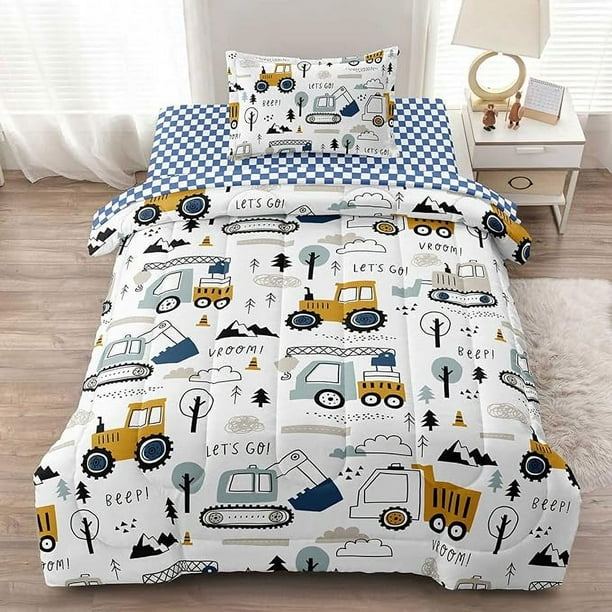 4-Pcs Construcción Twin Size Boys Bedding Set, Kids Comforter Set for Teens