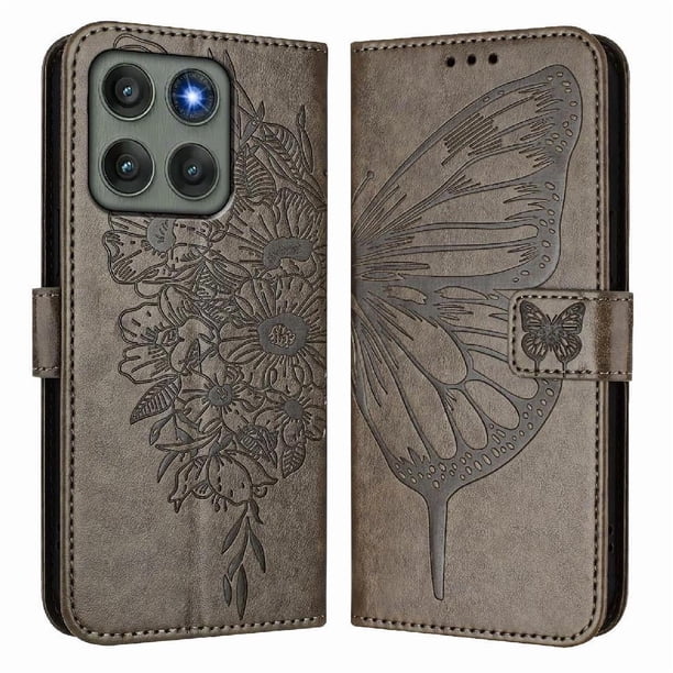 Funda Cartera Mariposa Para Motorola Edge 60 Pro Con Soporte Y Ranuras Para Tarjetas Gris