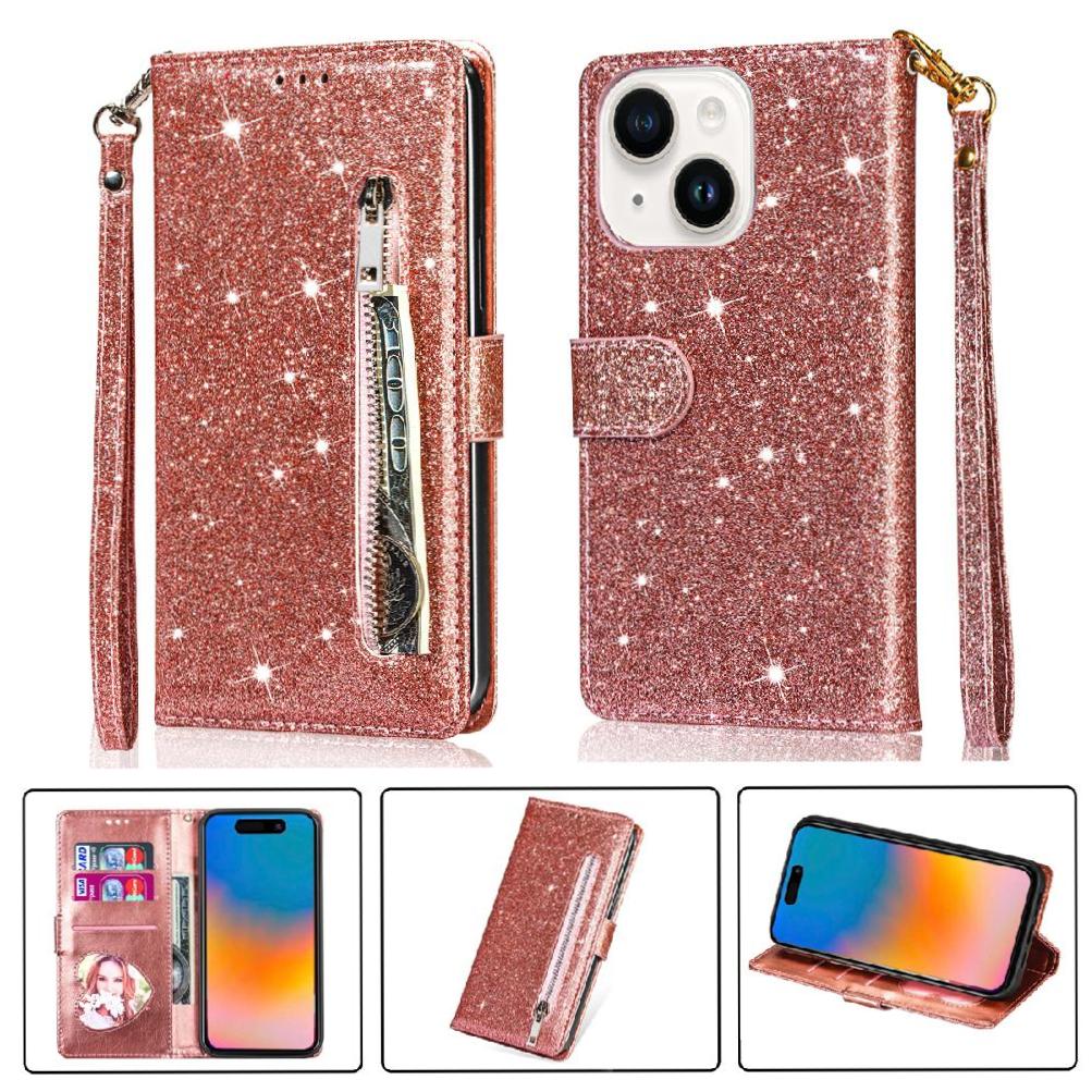 Funda Para Foxdock Elegante Funda Iphone 15 Glitter Con Cremallera-Ideal Para El Uso Diario
