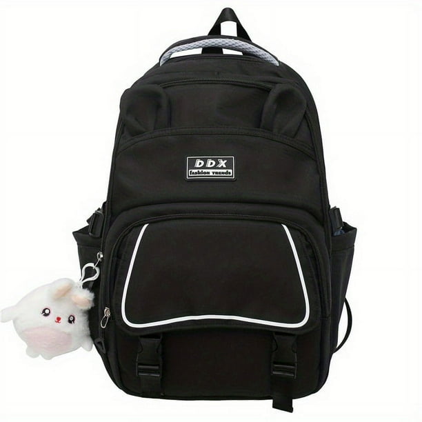 1pc Girls Primary School Junior High School Students Schoolabg, Fashion Double Shoulder Bag, Large-capacity Multi-pocket Simple Solid Color Trendy Backpack, Cute Rabbit Ears Shape Backpack With Cute R