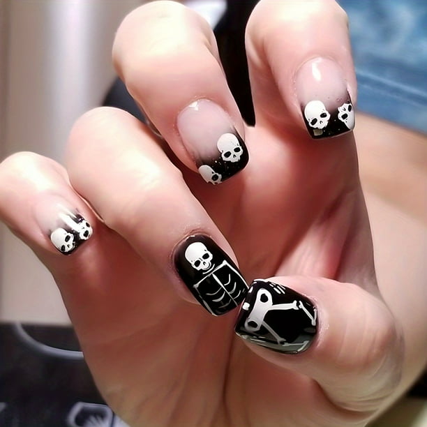 24pcs Halloween Funny Fake Nails, Black Gradient Press On Nails With Skull Alien Design, Glossy Short Square False Nails For Women Girls