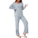 thumbnail image 4 of INSPIRE CHIC Conjunto de salón de punto acanalado para mujer con hombros descubiertos, pijama de 2 piezas de manga larga con pantalones de abertura lateral M Azul, 4 of 6