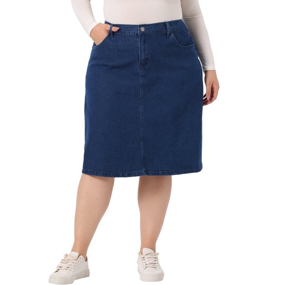 Falda de Mezclilla para Escuela y Universidad de Talla Grande para Mujer de Agnes Orinda con Bolsillo de Ranura, Cintura Elástica, Parte Trasera Acampanada, Jeans 3X Azul Oscuro
