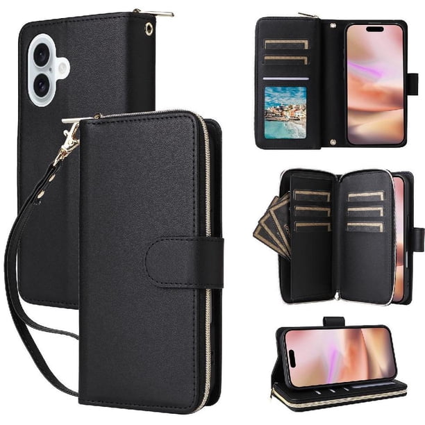 Funda Cartera con Cremallera y Correa para iPhone 16 Plus Soporte y Tarjetero Negro