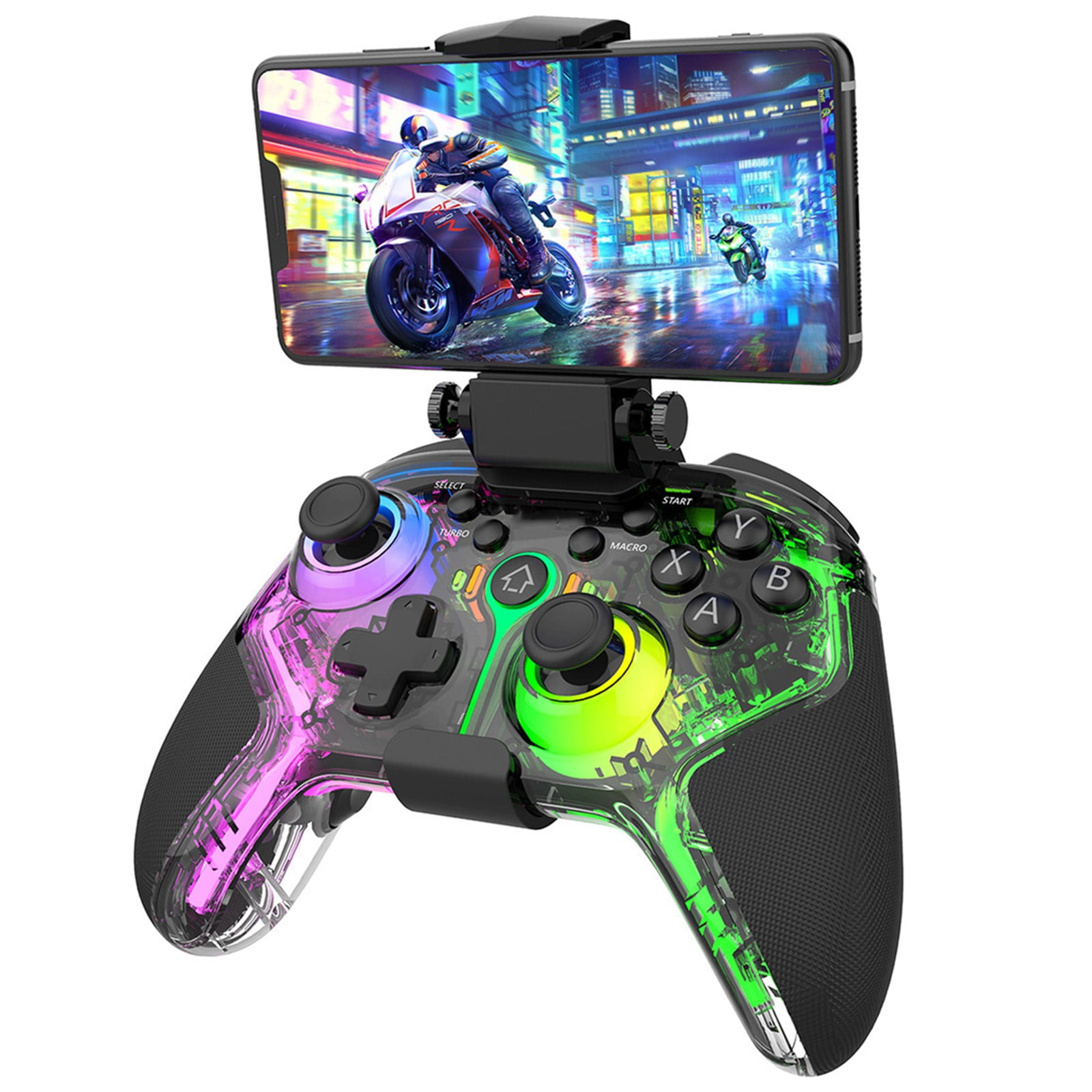 Genérico - Controlador De Juego Inalámbrico Para Switch/pc/android/ios/ps4/ps3 Con Luces Rgb, Vibración De Doble Motor, Función Turbo, Botones Programables, Triggers Ajustables, Con Soporte Para Teléfono