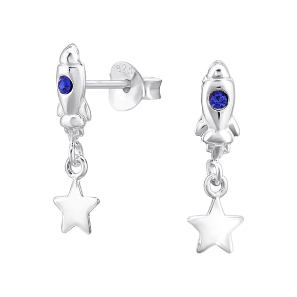 Aros Plata 925 Forma Estrella Y Cohete Plateado Con Cristal Azul