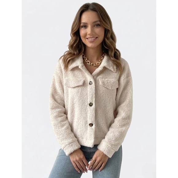 Chaqueta Abrigo Chiporro Beige Crema - Diseño Teddy Con Botones y Bolsillos Decorativos