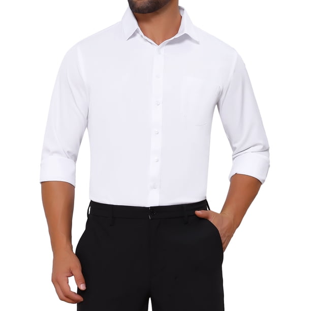 INSPIRE CHIC Camisa de Hombre Inspirada Cuello de Punto Manga Larga Botón Color Sólido Camisa de Vestir de Negocios XL Blanco