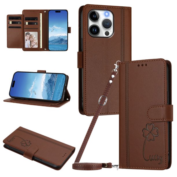 Funda Cartera Trébol para iPhone 16 Pro Max con Ranuras Tarjetas y Carga Inalámbrica Marrón