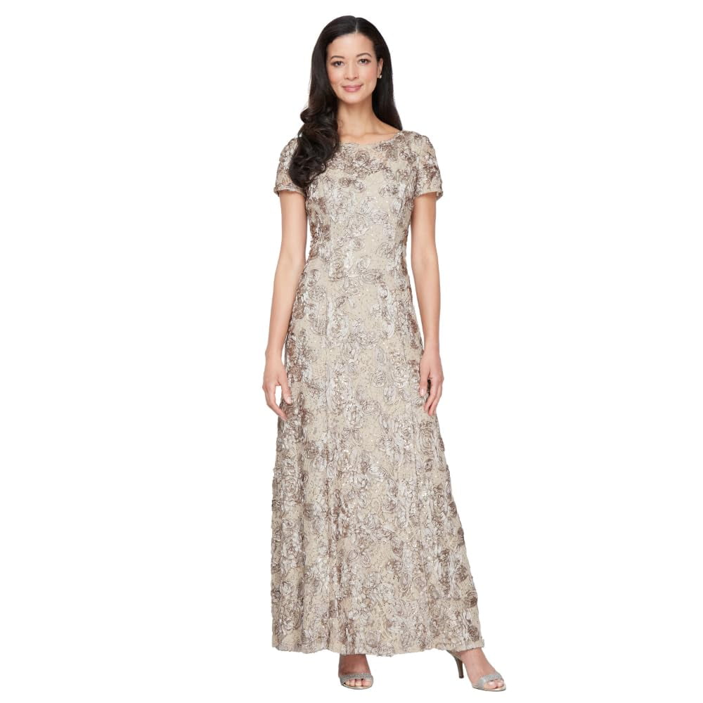 Vestido Largo Alex Evenings Con Encaje De Rosetas Champagne Talle 12