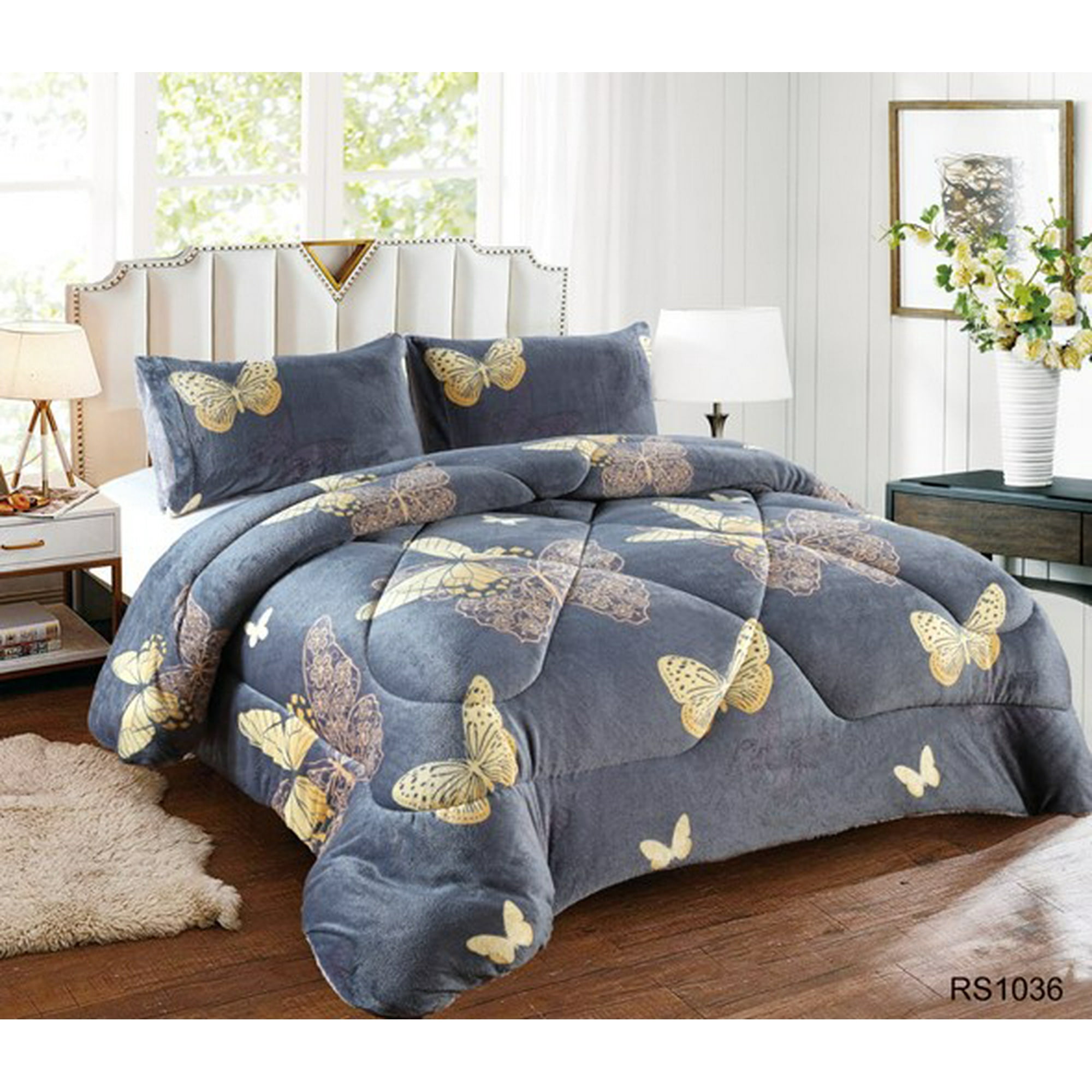 Aladdins Shop - Cobertor De Invierno De Plush Y Chiporro 2 Plazas Gris Plomo Mariposa