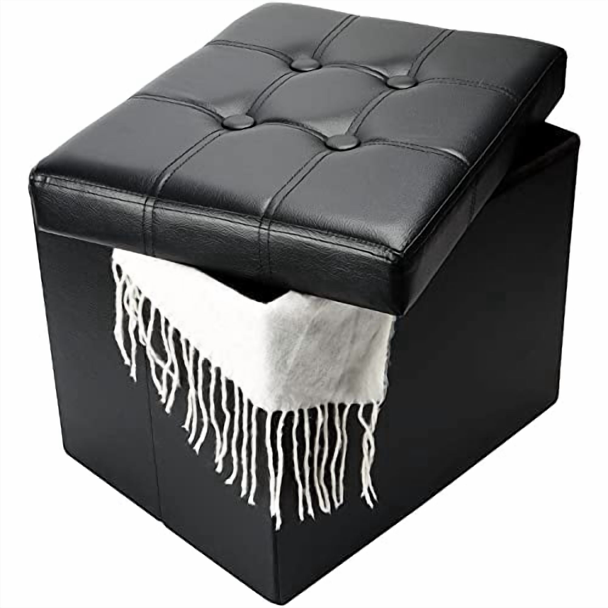 Taburete Plegable Con Reposapiés Storage Ottoman Abioyear, Piel Negra