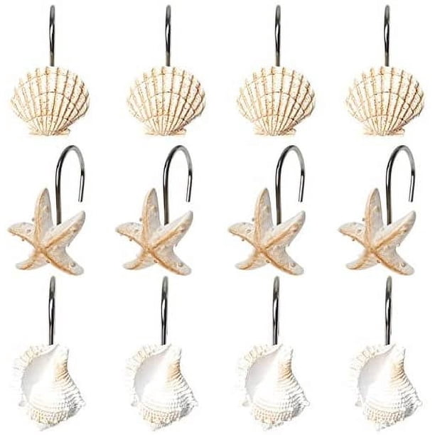 Gancho para cortina de ducha, 12 unidades, de resina, decorativo, con forma de concha y estrella de mar, para decoración del hogar y el baño (azul)